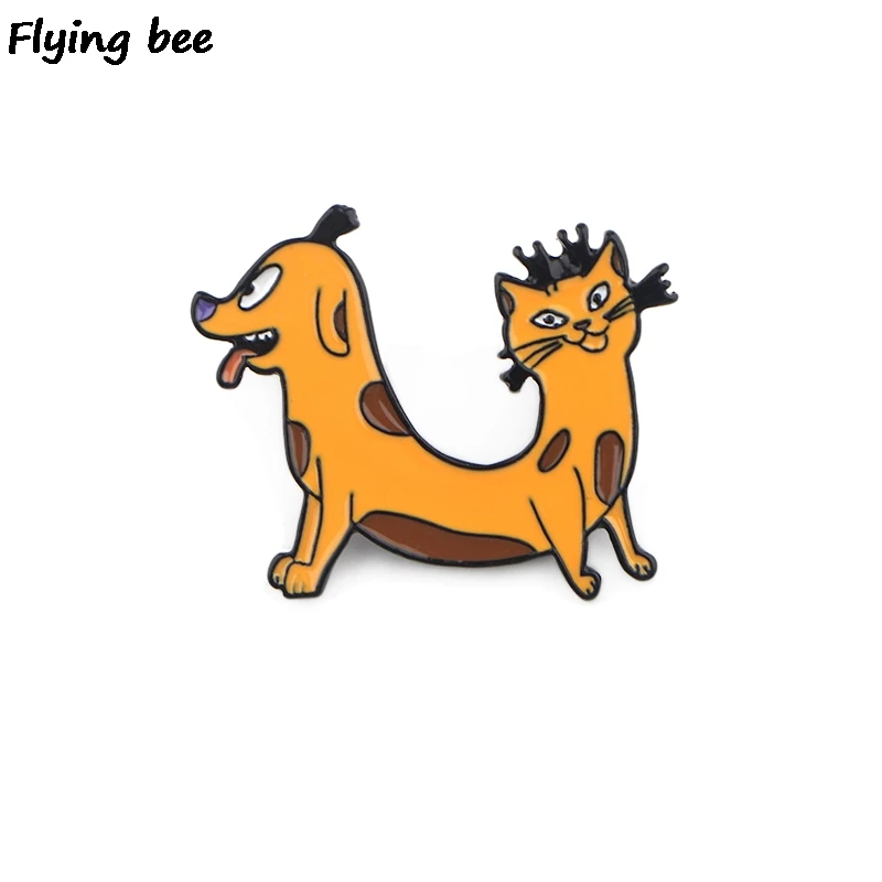 

Flyingbee Catdog Enamel Pin Cartoon Cute Brooch Collection Metal Lapel Pin Badge Brooches for Women Men Jewelry Gifts X0410