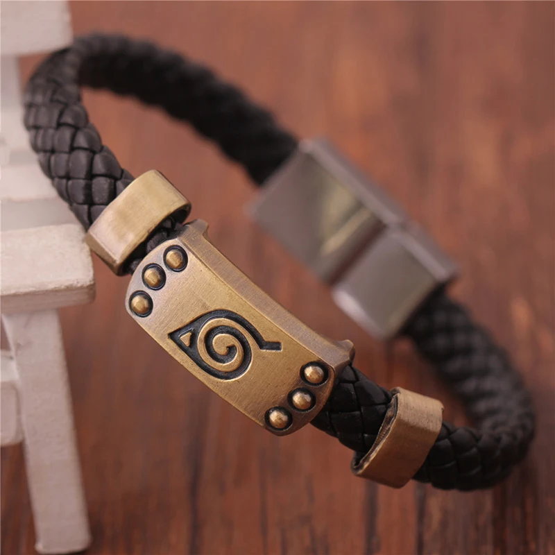 

Anime Naruto Bracelet Alloy Logo Punk Men Women Jewelry DIY Handmade Black Rope Braided Bangle Charm Fans Gift