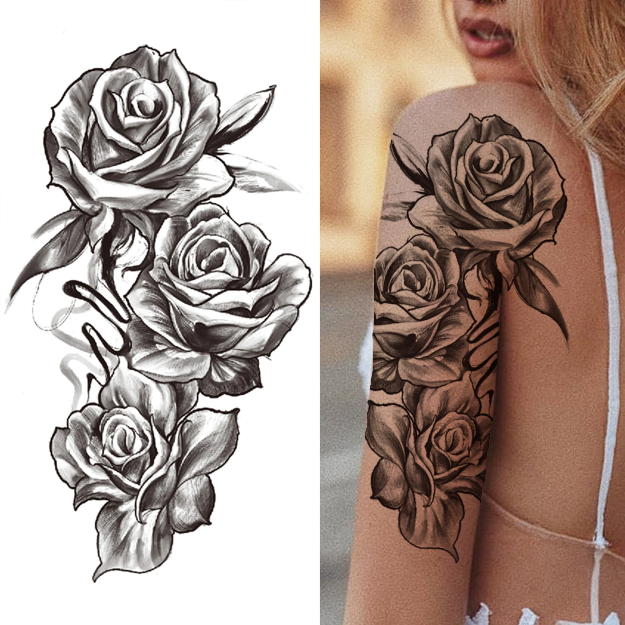 Tatouage Temporaire Rose 3D Noir pour Femme, Fille Adulte, Pivoine, Nunlia, Fleur, Autocollant, Flora Noire, Gloire, Bras Géométrique