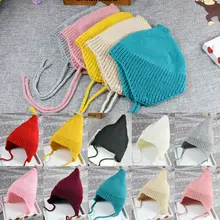 От 6 месяцев до 4 лет детская вязаная шапка с ушками, зимняя теплая шапочка, одноцветная шапка для улицы