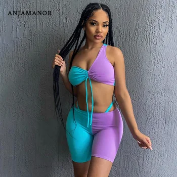 

ANJAMANOR Color Block Sexy Women Clothing Two Piece Set Drawstring One Shoulder Crop Top Biker Shorts Sport Sweat Suits D87-BC13