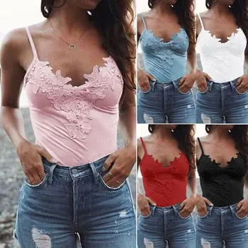 

Brand New Womens Summer Sexy Floral Embroidered V Neck Vest Tank Top Camis Strappy Slim Fit Blouse Basic Camisoles