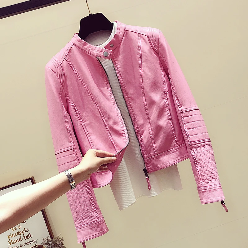 

Spring Autumn Pink Leather Jacket Girls Ladies New Korean Style Motorcycle Small Leather Coat Short Pu Jacket Slim Coats Women