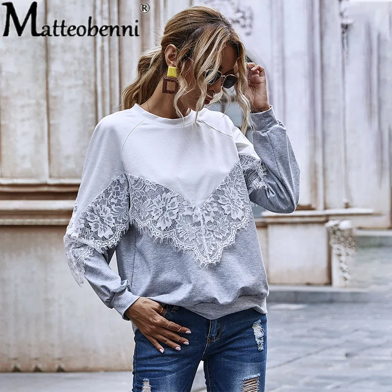 

Elegant Patchwork hollow lace Knitted T-shirt women autumn and winter 2020 fashion round neck long sleeve tops womens pullover