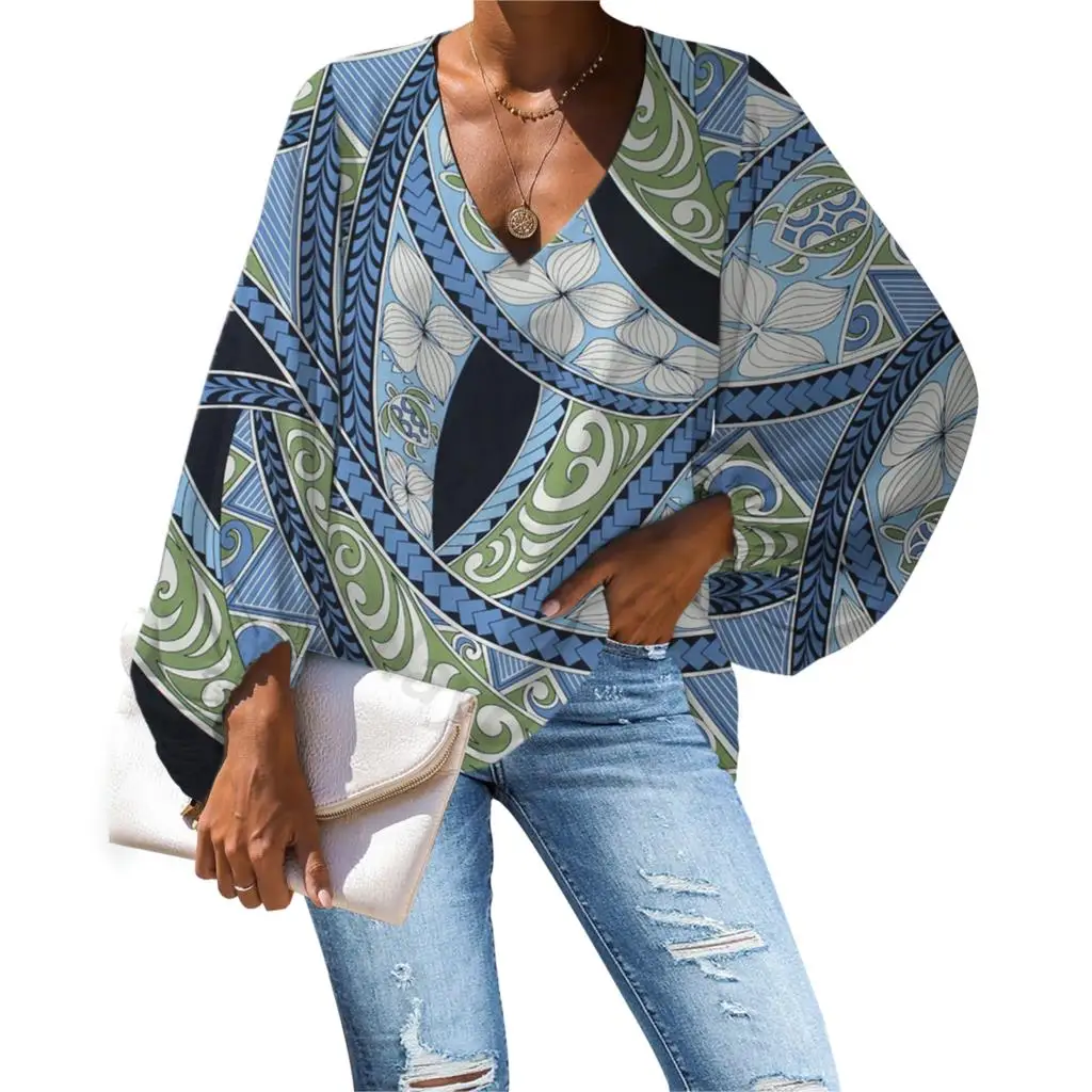 

Aulaygo Casual Blouse Newest Polynesia Pattern Girls Tops Loose V-neck Chiffon Ladies Blouse Sexy Style Female Clothes Custom