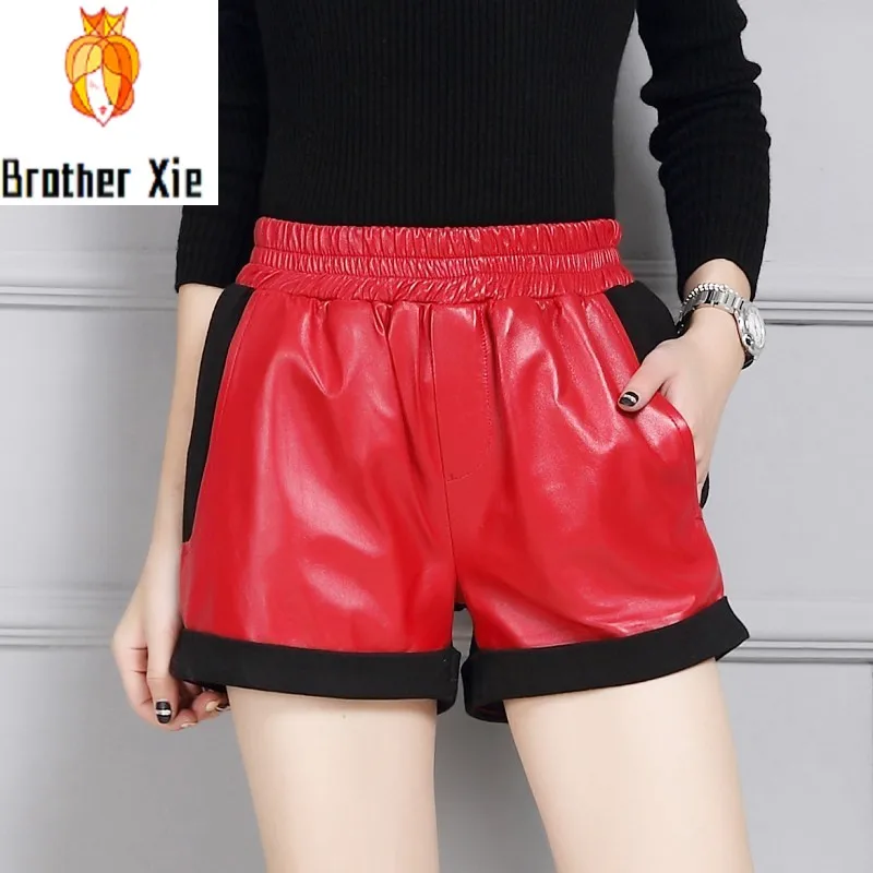 

Chic Patchwork Wide Leg Short Pants Women Elastic Waist Pocket Ladies Mini Shorts Streetwear Winter Casual Black Leather Shorts