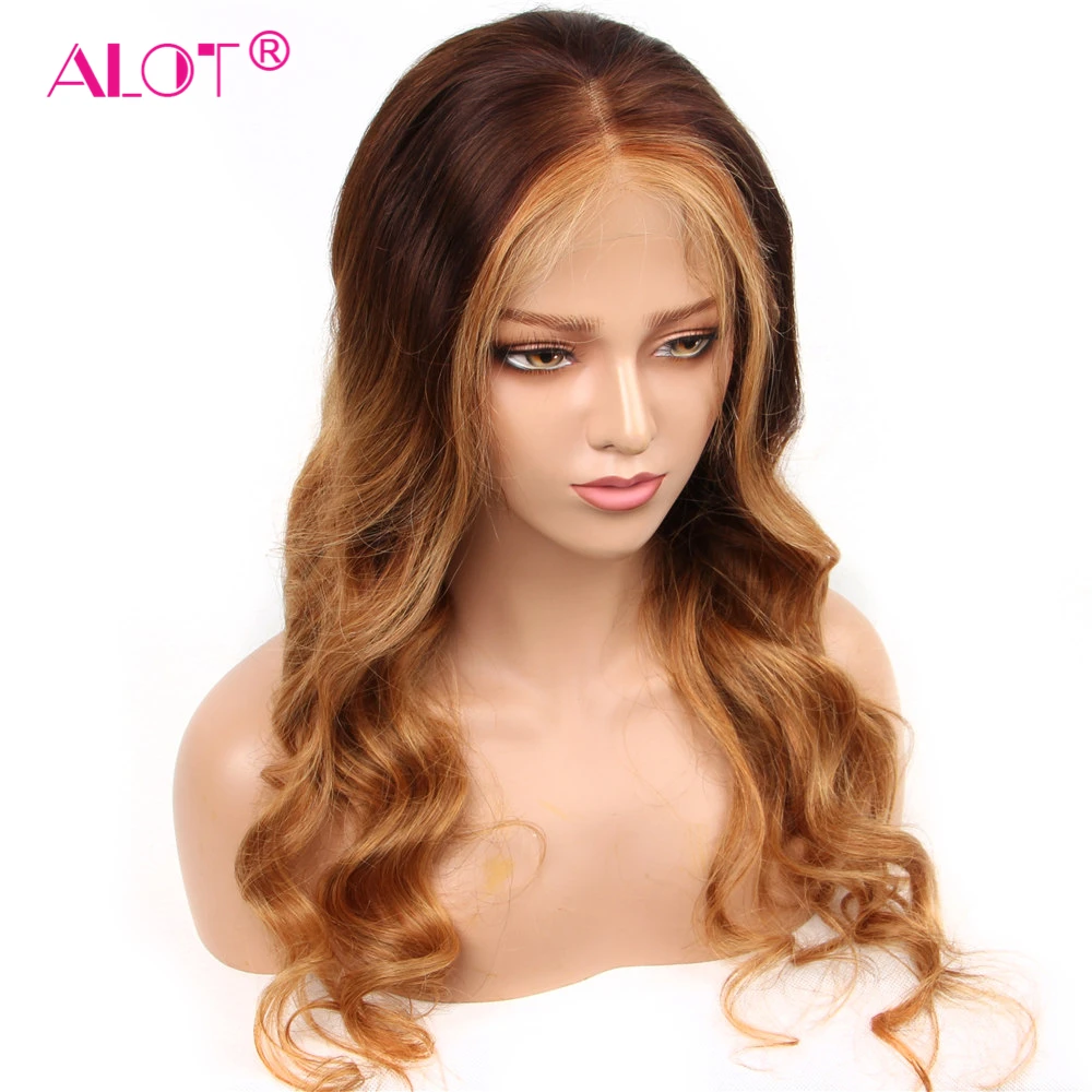 Ombre 13x4 парик на кружеве перуанские объемные волнистые человеческие волосы парики для женщин 150% Remy Glueless 4/27 парик на кружеве средний коэффициент Alot