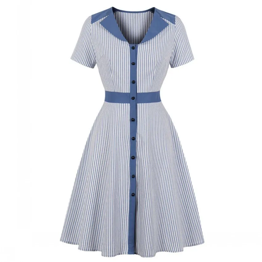 

Striped Print V-Collar Women Vintage Shirt Dress Button Short Sleeve Autumn Office Lady Flared Midi Dresses