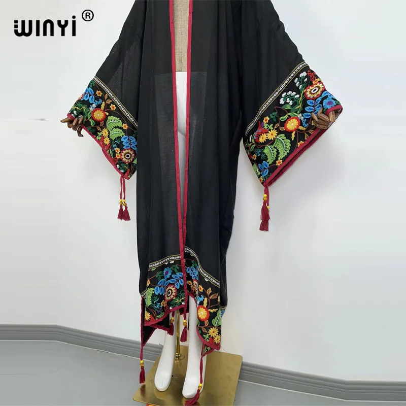 WINYI 2022 summer Sexy See Through Embroidered Long Kimono stitch Beachwear Women Tops and Blouses Middle East Muslim Abaya long flowy beach dress