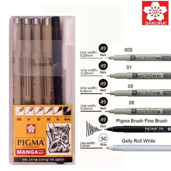 

6PCS/Lot Sakura Pigma Micron Pen Archival Pigment Ink Drawing Pens Manga Set 005, 01, 05, 08, FB brush pen, Gelly roll pen white