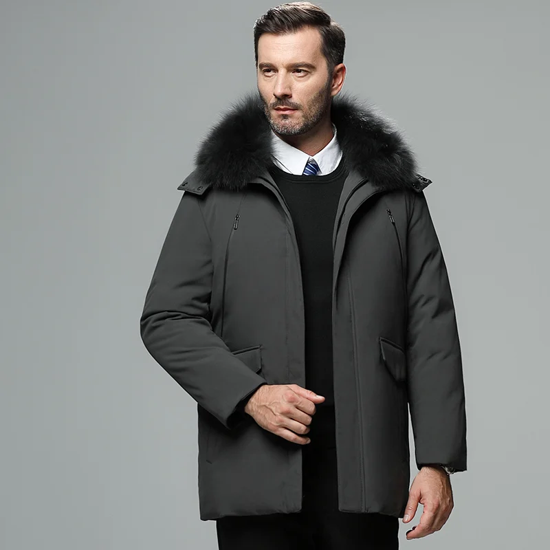 Мужская куртка на гусином пуху, зимняя мужская куртка с воротником из натурального Лисьего меха, сохраняющая тепло, верхняя одежда с капюшоном размера плюс 4XL, зимние пальто, мужская одежда - Color: Gray