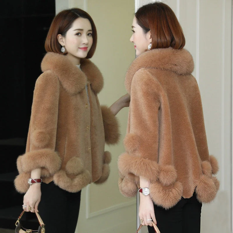 

2022 Winter New Grain Sheep Sheared Cashmere Overcoat Female Fox Fur Collar Fur Integration Fashion Short Korean Jacket Female