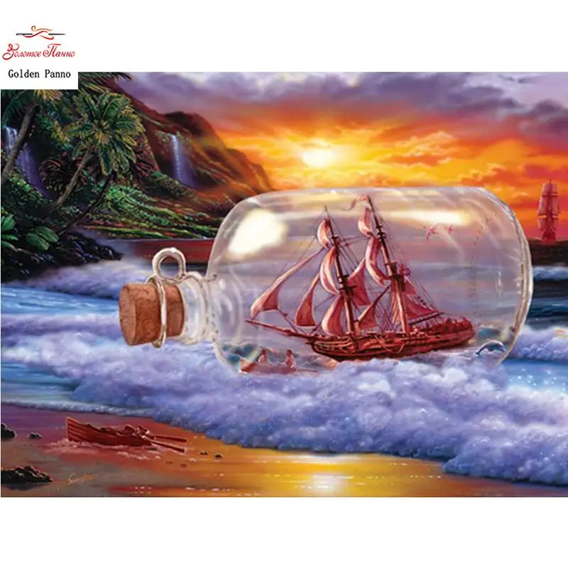5D DIY Square Diamond Painting Complete Drift Bottle Sailboat Cross Stitch Beach Sunset View Rhinestone Decoration | Дом и сад