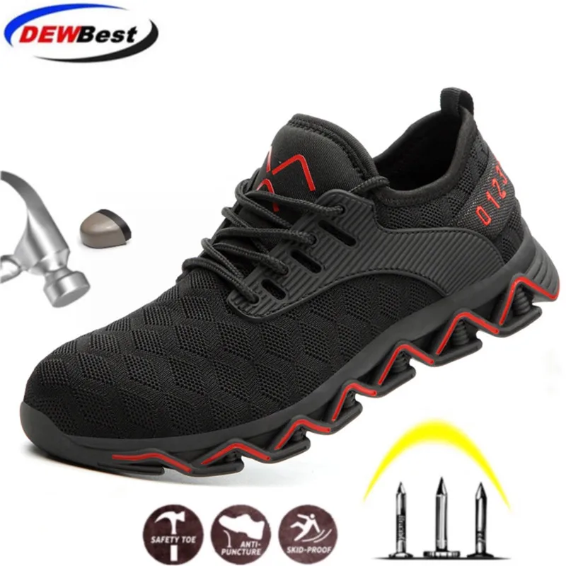 DEWBEST, модные уличные кроссовки со стальным носком, против разбивания проколов, строительные кроссовки, мужские рабочие защитные кроссовки - Цвет: Black with red