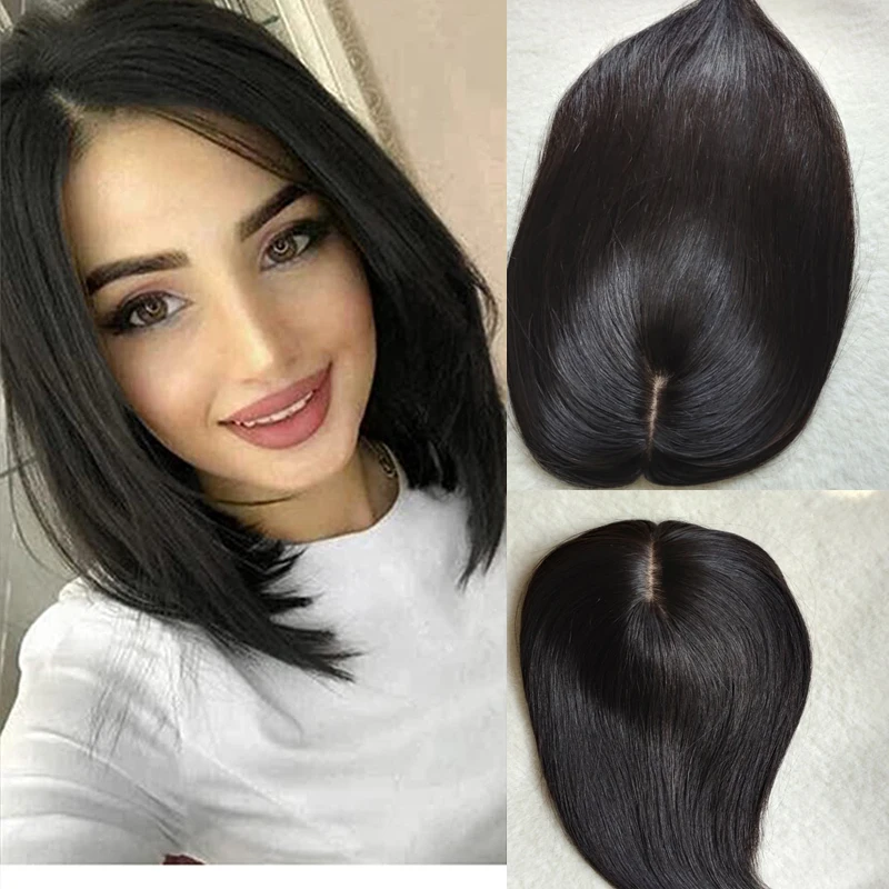 Silk Top Closure Toupee Middle Part Natural Black Brown Straight Human Topper Hair Wig For Women Machine weft | Шиньоны и парики