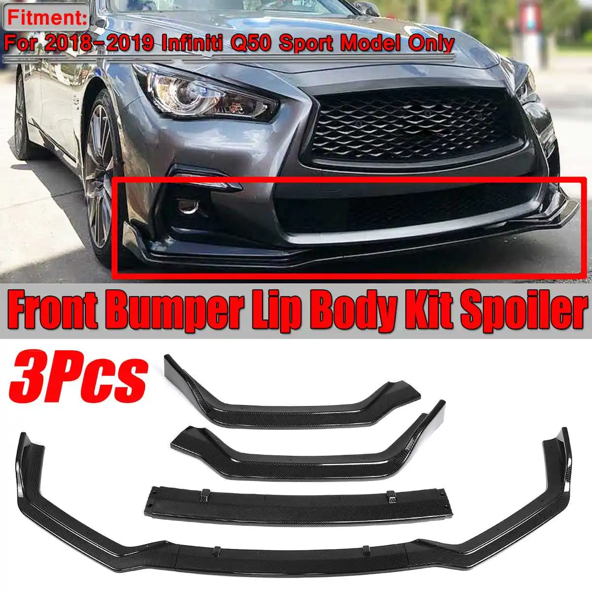 Q50 Real Carbon Fiber Car Front Bumper Racing Grill Outline Moulding