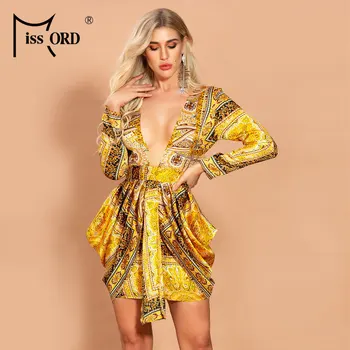 

Missord 2020 Women Sexy Deep V Long Sleeve Print Dresses Female Elegant Mini Long Mini Dress FT20114