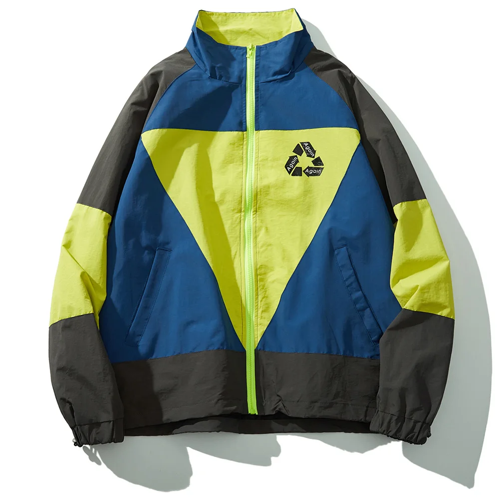 

2019 Vintage Jacket Oversized Men Hip Hop Jacket Coat Harajuku Retro Color Block Patchwork Track Jacket Windbreaker Streetwear
