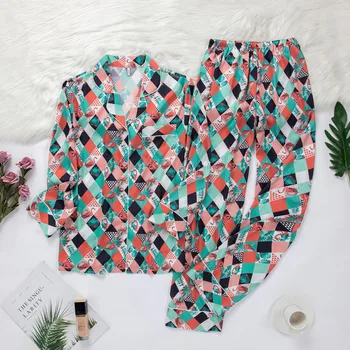 

Autumn 2PCS Pajamas Sets Women Lapel Imitation Silk Long Sleeve Home Wear Ladies Mujer Sexy Satin Tops+Pants Pyjamas Sleepwear