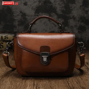 

2020 New Leather Women Small Bag Women's Handbag Female Cross-body Portable Lock Square Bags Handmade Cowhide Leather Retro Flap