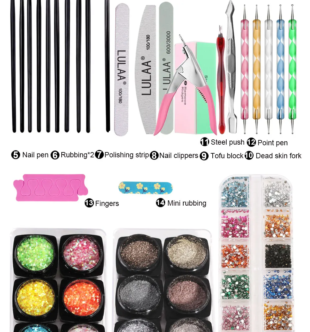 

ZK50 Nail Kit Acrylic Powder Liquid Brush LED Nail Lamp Nail Dotting Pen Stamping Sponge Pusher Manicure Tape for Beginners