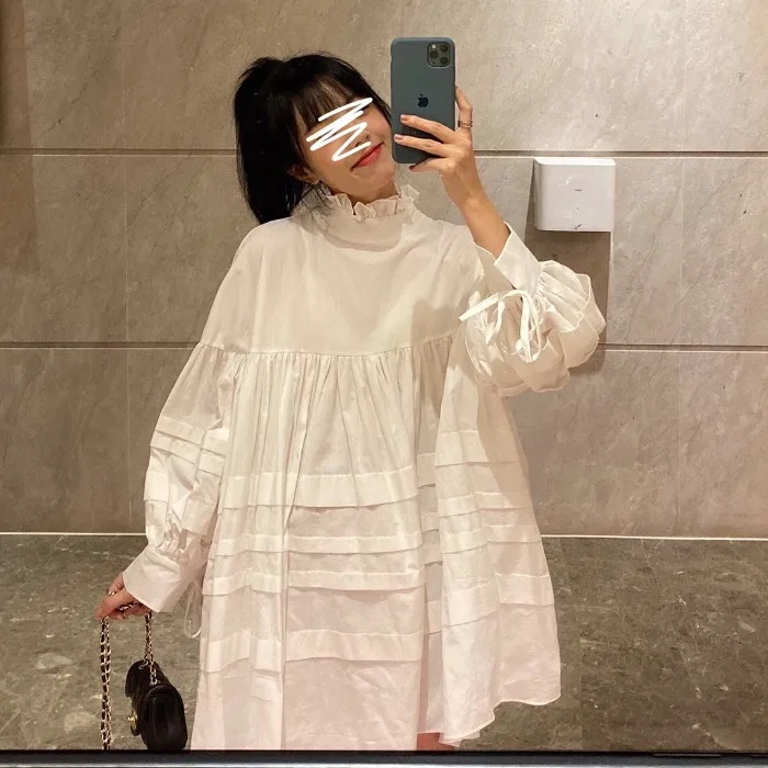 Cena SuperAen słodki bufiaste rękawy kobiety sukienka nowy 2019 jesień bawełna Casual sukienka damska z długim rękawem moda damska odzież