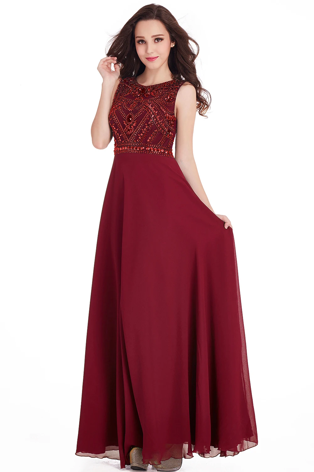 linha sem mangas frisado cristais elegante vestido