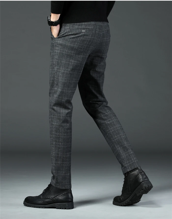 Новые мужские повседневные клетчатые брюки, деловые повседневные облегающие темно-серые Классические Стильные эластичные брюки, Мужская брендовая одежда, уличная мода