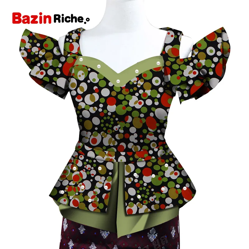 Fashion Shirt African Print Top for Women Bazin Riche Pearls Double Ruffles Top Cotton Dashiki African Clothing WY5096 - Цвет: 20