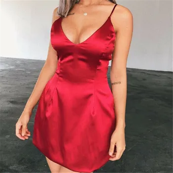 

Sexy V-Neck Fit Night Skirt Women Sleeveless Bandage Bodycon Evening Party Cocktail Club Solid Mini Slip Dress