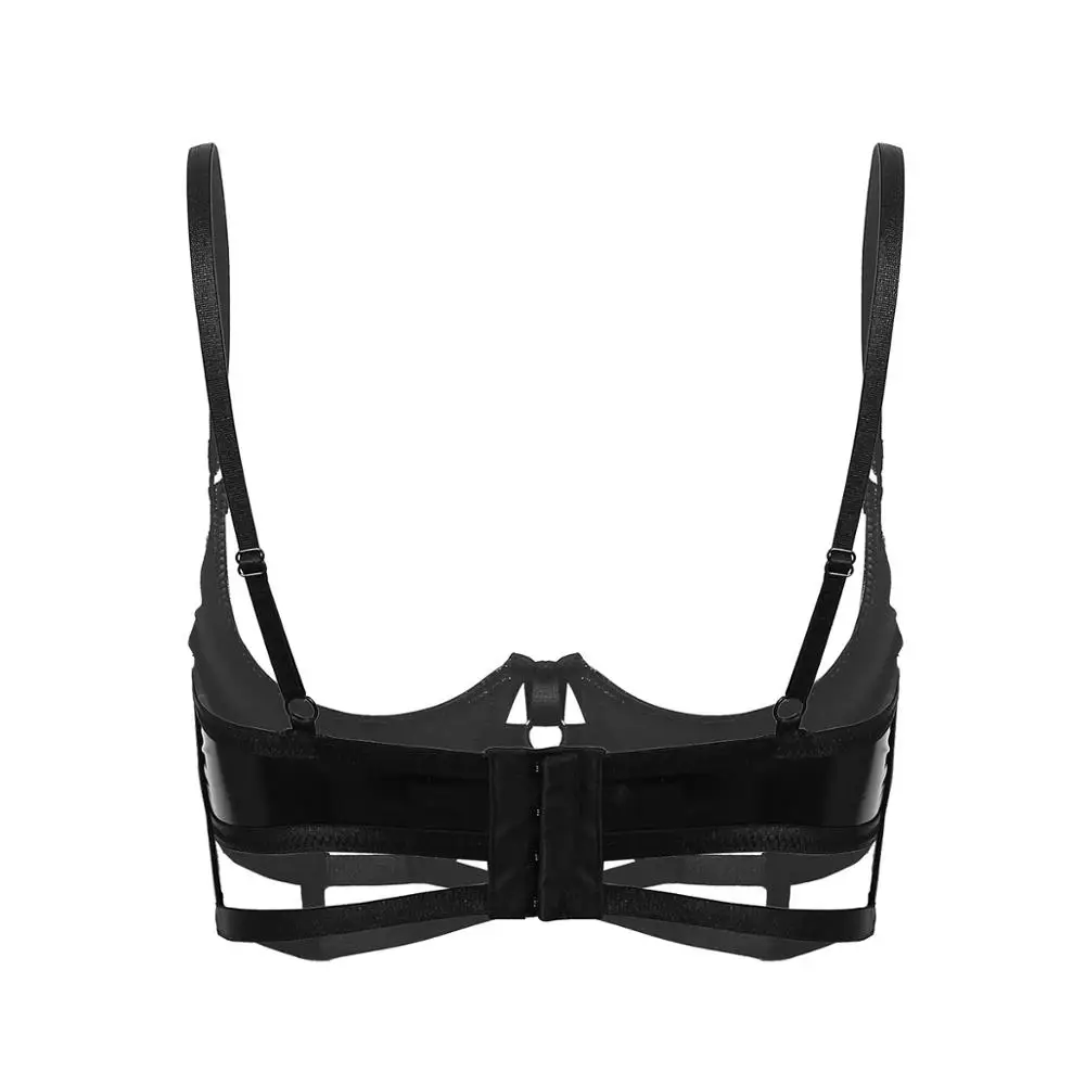 Womens Ladies Wetlook Porno Bralette Leather Lingerie Exotic Clubwear Quarter Open Cup Hot Strappy Bondage Underwired Bra Tops