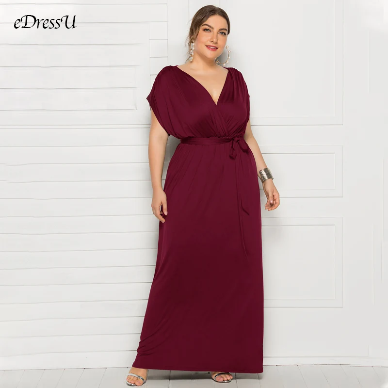 eDressU 2021 Plus Size Evening Party Dress V Neck Stretchy 7 Colors Vestido Robe de Soiree Wedding Guest LMT-FP3310 |