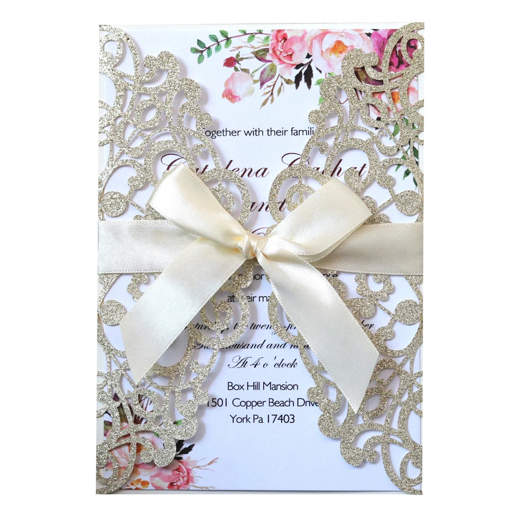 100pcs Glitter Laser Cut Wedding Invitation Cards with Ribbon and Envelopes for Engagement Bridal Shower Birthday Party