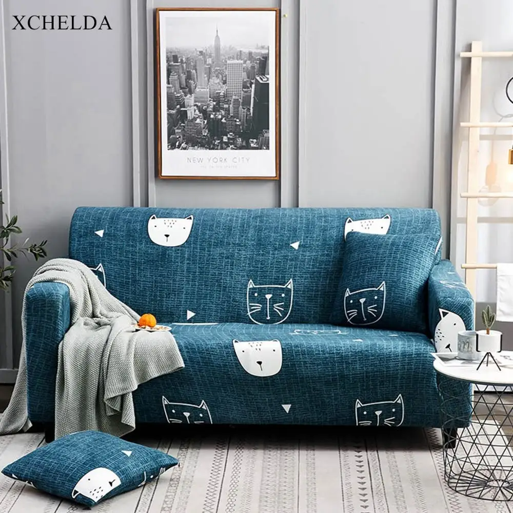 

Blue Cat Cartoon Pattern Armchair Slipcover Cute Elastic Armrest L Corner Sectional Sofa Cover Stretch Couch Case 1 2 3 4 Seater
