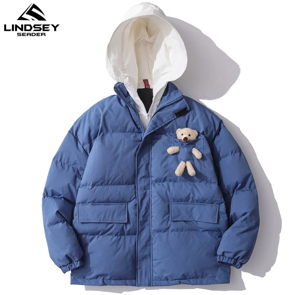 

LINDSEY SEADER 2020 Men's Winter Warm Jacket Coat False Two Pieces Padded Jacket Oversize Hooded Grey Blue Parka Men Clothing