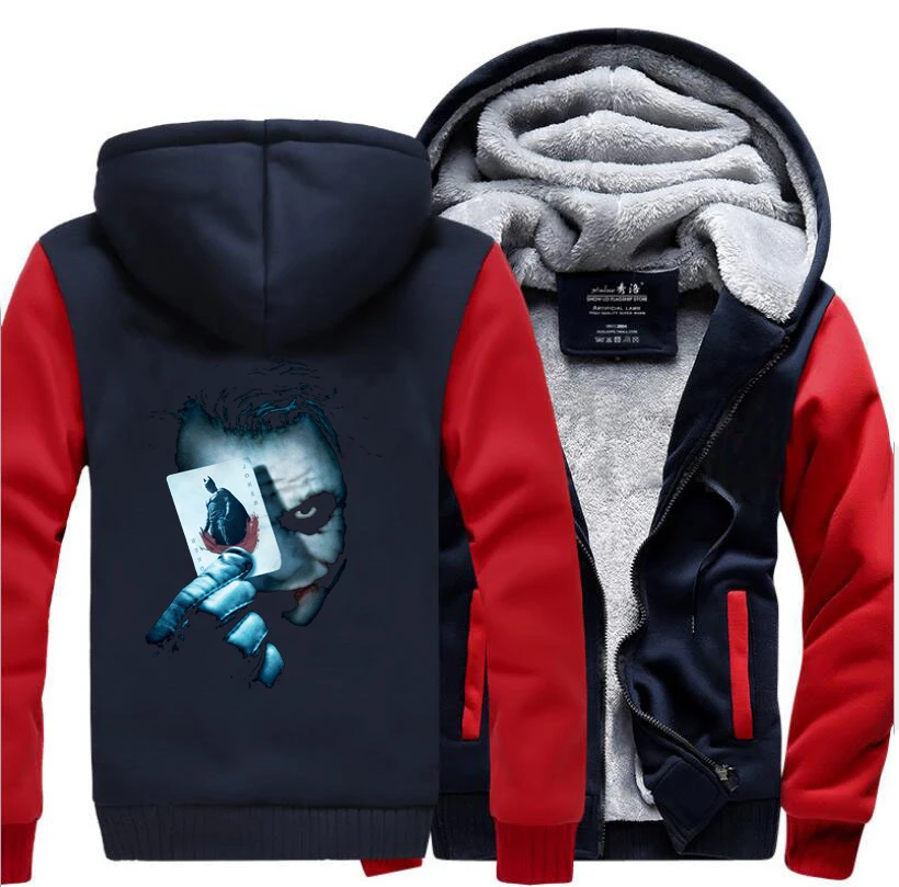 Batman Men Thick Winter Fleece Warm Jacket Joker Heath Coat Ledger Sweatshirts Coats Hip Hop Streetwear Thicken Hoodies Jackets - Color: red dark blue