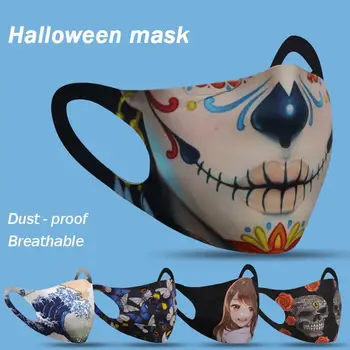 

10/50pcs Non-disposable Ice Cotton Face Mouth Mask Anti-dust Breathable Adult Washable Mask With Printing Halloween Party