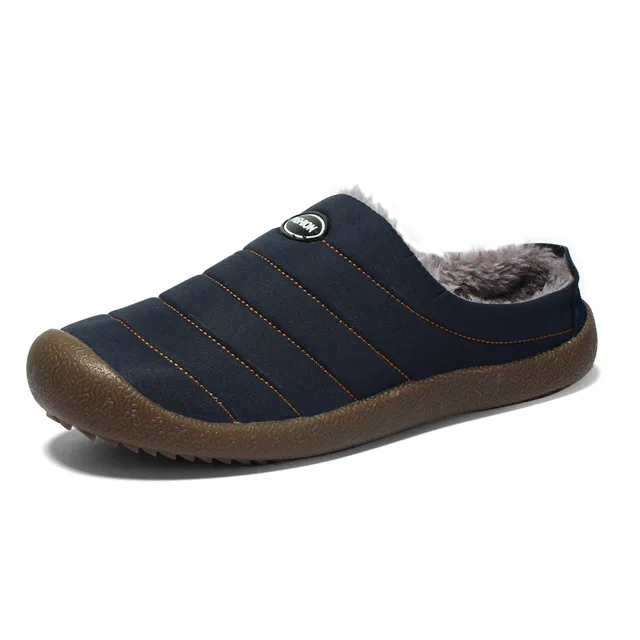 New Men's Slippers Indoor Warm Shoes Plush Flock Male Slippers For Home Hard-wearing Non-slip Outdoor Walking Mans Footwear Blue