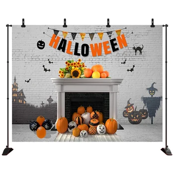 

Happy Halloween Photography Backdrops Pumpkin Fireplace White Brick Wall Wooden Floor Decoration Backdrops for Photo Studio