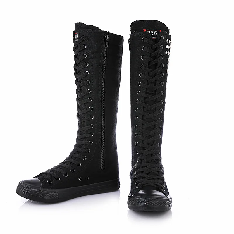 New Spring Autumn Women Shoes Canvas Punk Casual High Top Shoes Long Boots Lace-Up Zipper Comfortable Flat Boots Sneakers