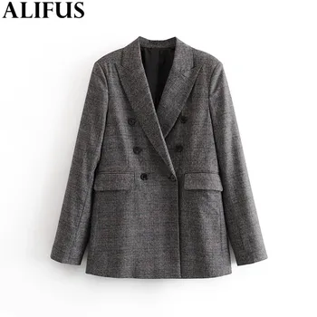 

Fashion Za Women 2019 Vintage Plaid Office Lady Double-breasted Blazer Long Sleeve Stylish Notched Collar Ladies Outerwear Tops