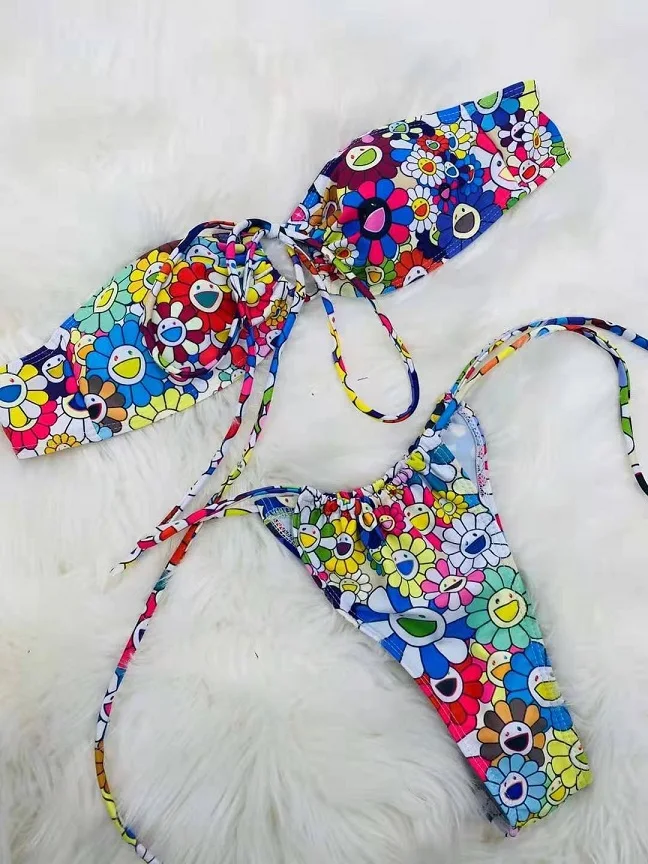 Bikini con estampado de girasol para mujer, traje de baño de dos piezas con estampado de girasol para playa y piscina, cintura baja, 2021