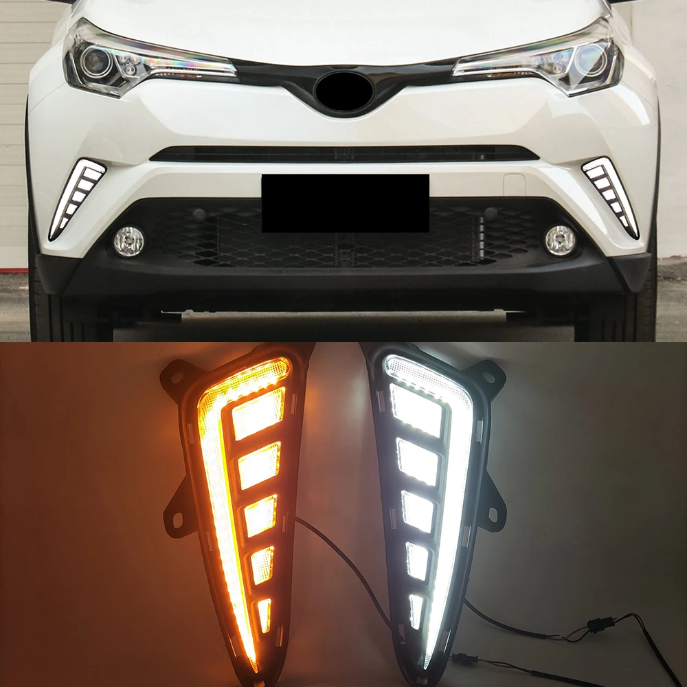 トヨタC-HR chr 2016 2017 2018 2019用デイタイムランニングライト,ダイナミックフォグランプ,イエローウインカー,led  drl,2個