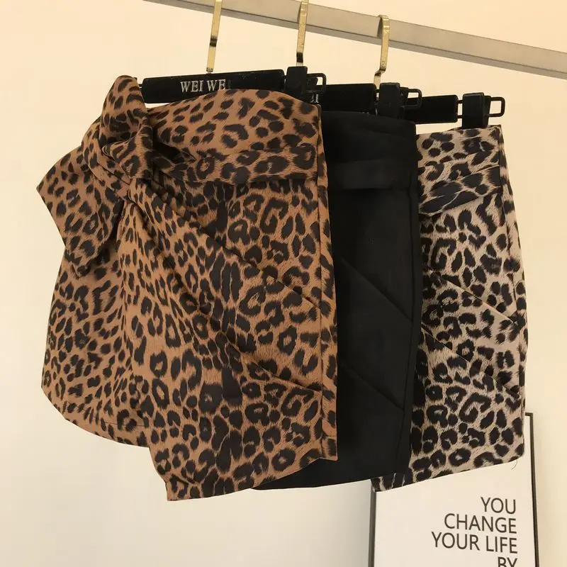Autumn New Retro Leopard Print High Waist Short Skirt Women Girls Slim Hip Irregular Knotted Skirts