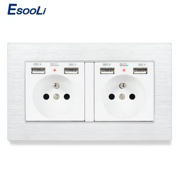 

Esooli French Standard Wall Socket With 4 USB Charge Port For Mobile Phone Hidden Soft LED Indicator Black Aluminum Panel