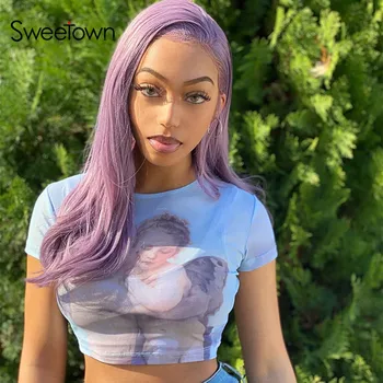 

Sweetown 2020 Summer Transparent Sexy Mesh Crop Top Short Sleeve T-Shirt Women Angel Pattern Cute Harajuku Top Streetwear Tees