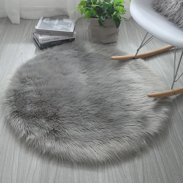 Round Soft Faux Sheepskin Fur Area Rugs for Bedroom Living Room Floor Shaggy Plush Carpet White Home Floor Mat Rug Bedside Rugs gray carpet