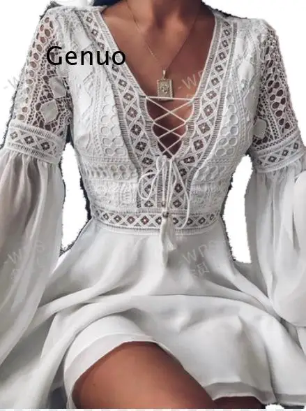 

2021 Spring Women Sexy Crochet Lace V-Neck Party Dress Elegant Flare Sleeve Chiffon Mini Dresses Ladies Fashion Hollow Out Dress