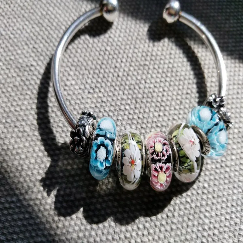 5pcs New Style Free Shipping Rose Flower Glass Beads With 925 Sterling Silver Tube For Women Bracelet Necklace DIY Accessories | Украшения