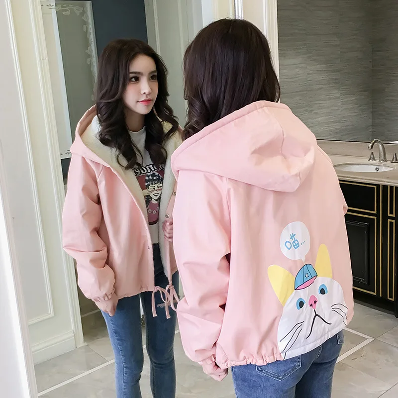 

College Style 2019 Spring And Autumn New Style Loose-Fit Lambs Wool plus Velvet Jacket Women's Middle And High School Students C